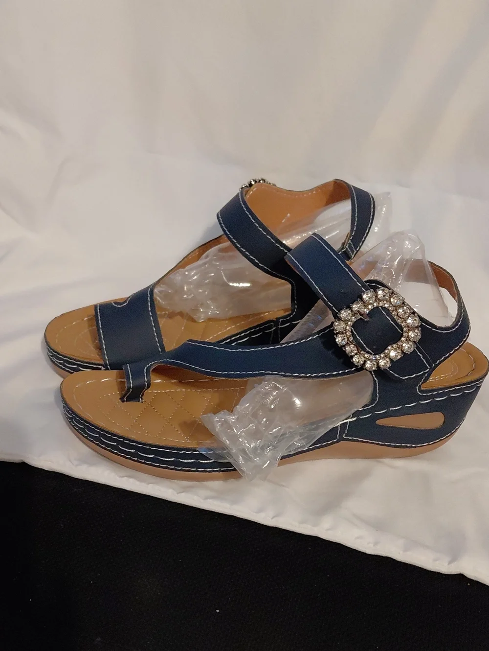 Women's Navy Wedge Sandals with Rhinestone Buckle